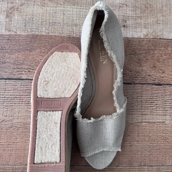Lauren Ralph Lauren Carmondy Linen Espadrille Peep Toe Wedge Shoes Size 11 NEW