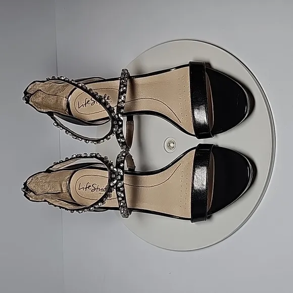 Life Stride Memories Sandal Heel Shoe Back Zipper Strap Open Toe Rhinestones 10W