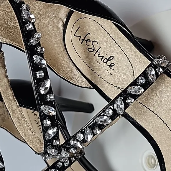 Life Stride Memories Sandal Heel Shoe Back Zipper Strap Open Toe Rhinestones 10W