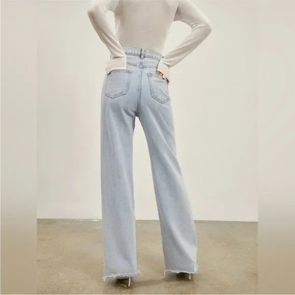 Light wash blue denim jeans- straight leg raw hem perfect closet essential jeans