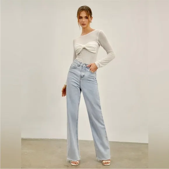 Light wash blue denim jeans- straight leg raw hem perfect closet essential jeans
