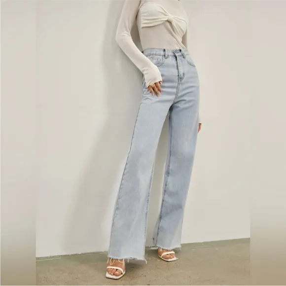 Light wash blue denim jeans- straight leg raw hem perfect closet essential jeans