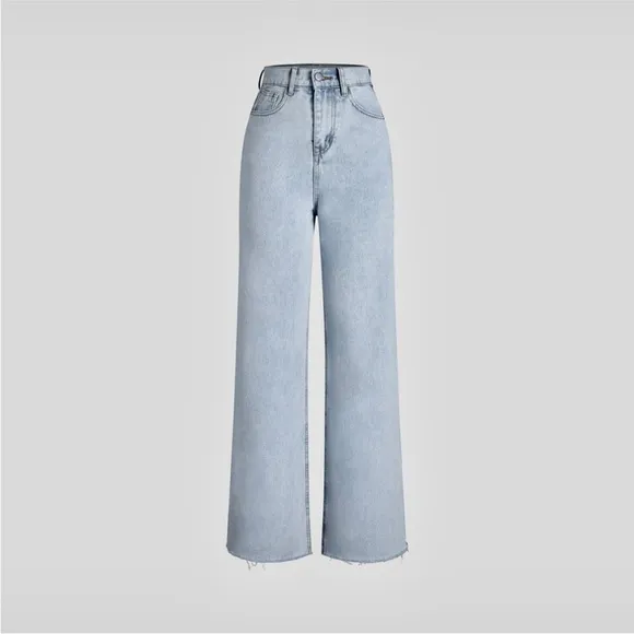 Light wash blue denim jeans- straight leg raw hem perfect closet essential jeans