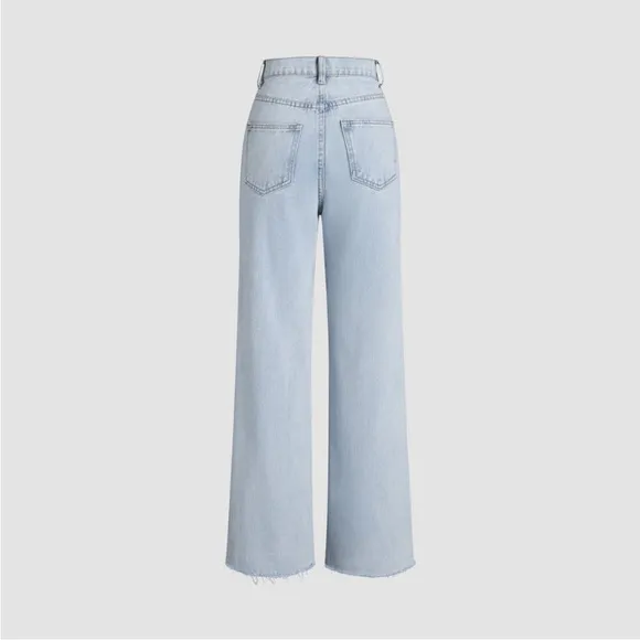 Light wash blue denim jeans- straight leg raw hem perfect closet essential jeans