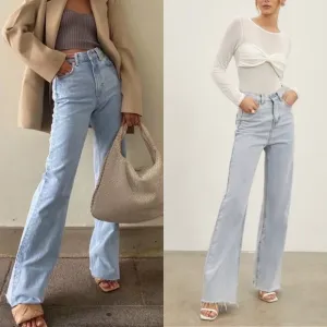 Light wash blue denim jeans- straight leg raw hem perfect closet essential jeans