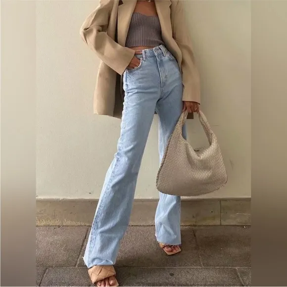 Light wash blue denim jeans- straight leg raw hem perfect closet essential jeans