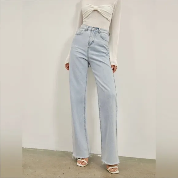Light wash blue denim jeans- straight leg raw hem perfect closet essential jeans