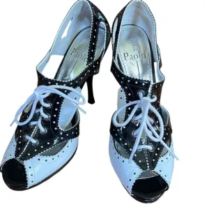 Linea Paolo Black &amp; White Mary Jane Retro style lace up open toe heels Size 8M