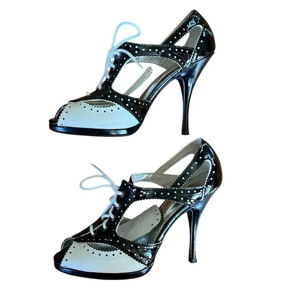 Linea Paolo Black &amp; White Mary Jane Retro style lace up open toe heels Size 8M