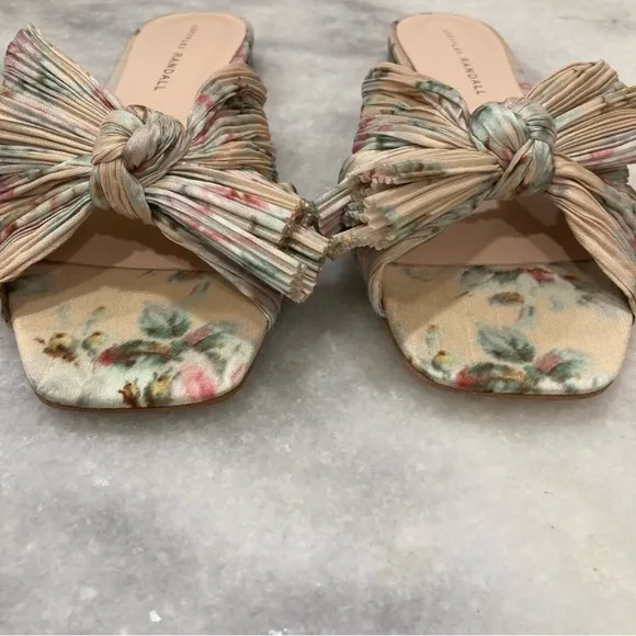 LOEFFLER RANDALL Daphne Tan Floral Neutral Pleated Knot Bow Flat Sandals