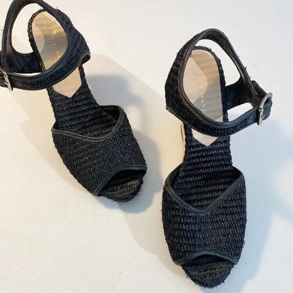 Loeffler RANDALL Multi Braided Open Toe Sz 9.5 Wedge Sandal Shoes Black