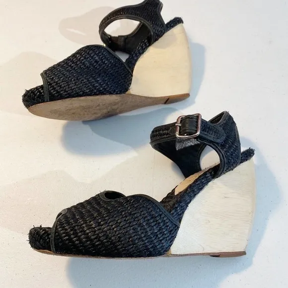 Loeffler RANDALL Multi Braided Open Toe Sz 9.5 Wedge Sandal Shoes Black