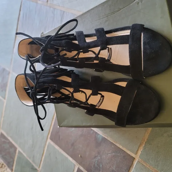 Longchamp Ghillie Gladiator Suede Women's Black Lace-Up Sandals
