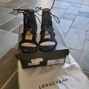 Longchamp Ghillie Gladiator Suede Women's Black Lace-Up Sandals