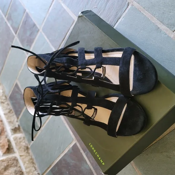 Longchamp Ghillie Gladiator Suede Women's Black Lace-Up Sandals