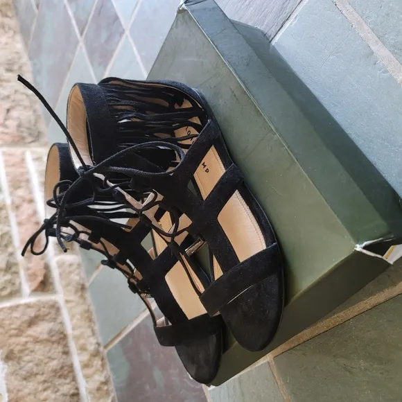 Longchamp Ghillie Gladiator Suede Women's Black Lace-Up Sandals
