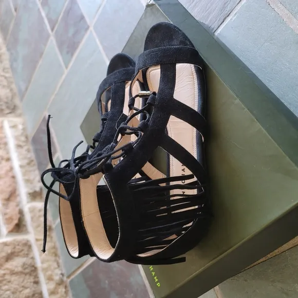 Longchamp Ghillie Gladiator Suede Women's Black Lace-Up Sandals