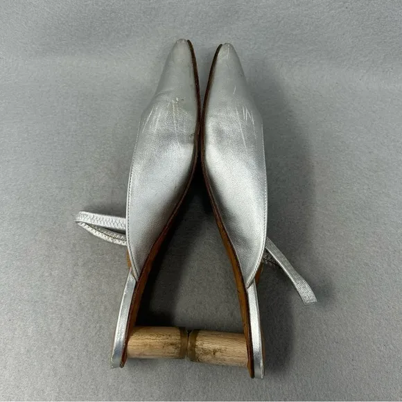 LoQ Women’s Size EU 37 Silver Leather Sling Back Wooden Low Heel Shoes