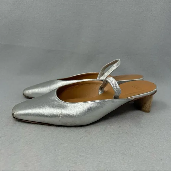 LoQ Women’s Size EU 37 Silver Leather Sling Back Wooden Low Heel Shoes