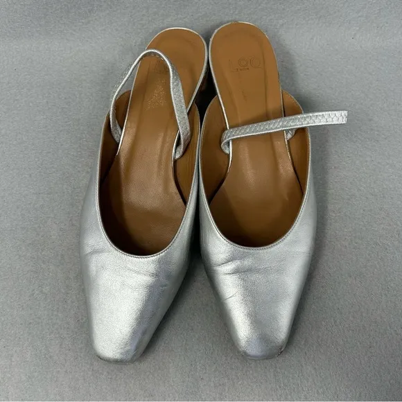 LoQ Women’s Size EU 37 Silver Leather Sling Back Wooden Low Heel Shoes