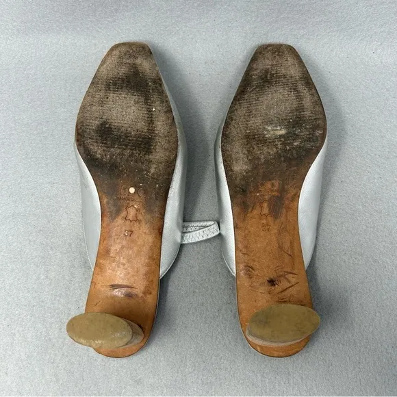LoQ Women’s Size EU 37 Silver Leather Sling Back Wooden Low Heel Shoes