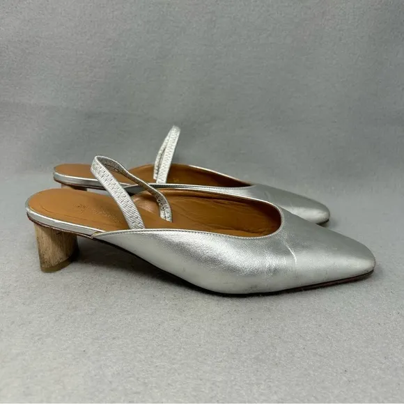 LoQ Women’s Size EU 37 Silver Leather Sling Back Wooden Low Heel Shoes