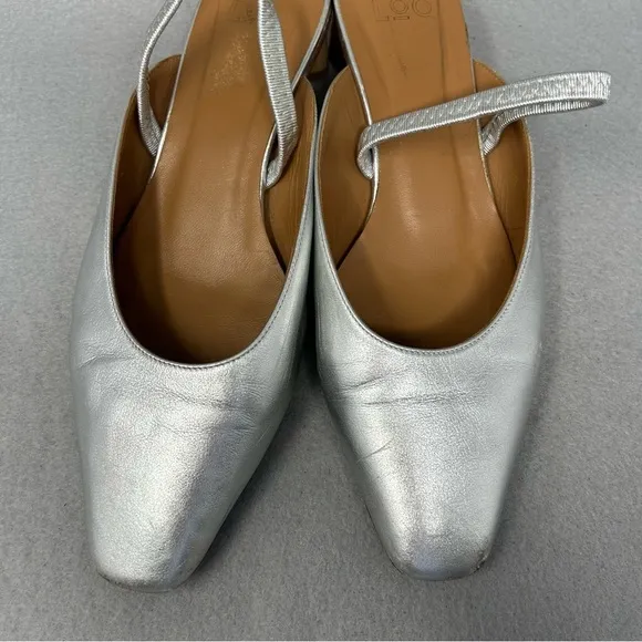 LoQ Women’s Size EU 37 Silver Leather Sling Back Wooden Low Heel Shoes