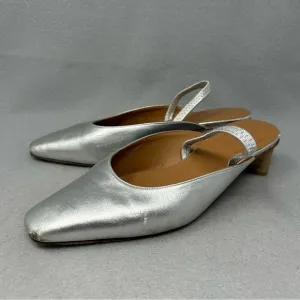 LoQ Women’s Size EU 37 Silver Leather Sling Back Wooden Low Heel Shoes