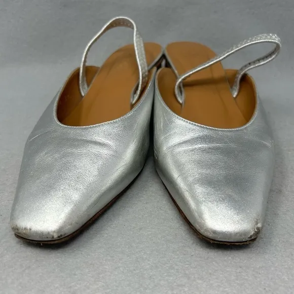 LoQ Women’s Size EU 37 Silver Leather Sling Back Wooden Low Heel Shoes