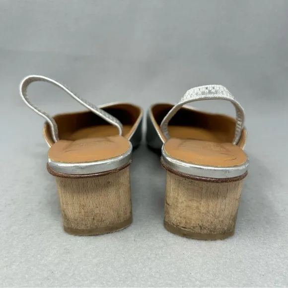 LoQ Women’s Size EU 37 Silver Leather Sling Back Wooden Low Heel Shoes