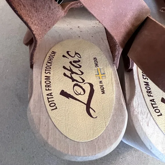 Lotta From Stockholm High Wooden Block Heel Brown Leather Buckle  Clogs US 9