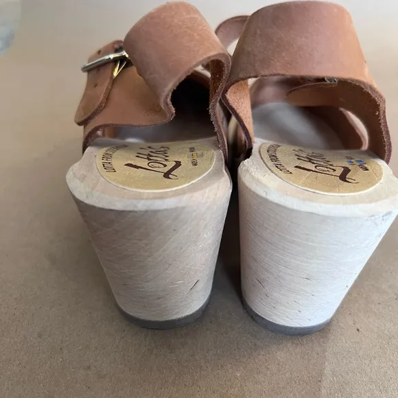 Lotta From Stockholm High Wooden Block Heel Brown Leather Buckle  Clogs US 9