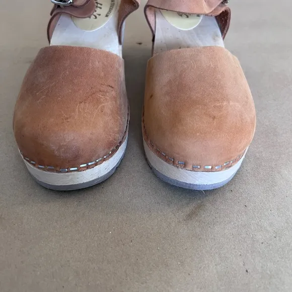Lotta From Stockholm High Wooden Block Heel Brown Leather Buckle  Clogs US 9