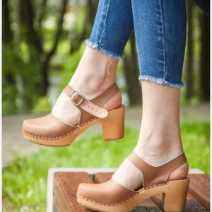 Lotta From Stockholm High Wooden Block Heel Brown Leather Buckle  Clogs US 9