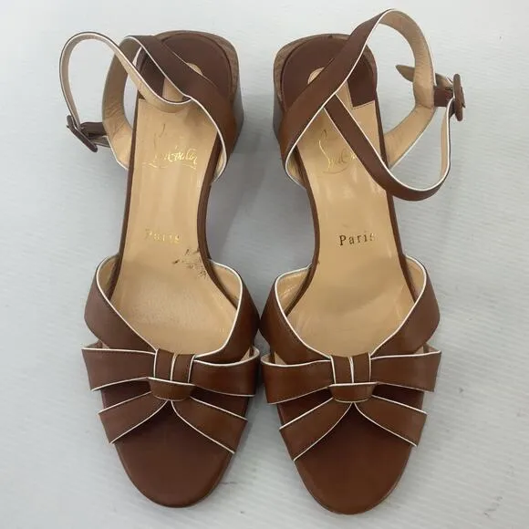 Louboutin Brown Leather Anjalili Block Heel Strappy Sandals Womens 10.5 Preowned