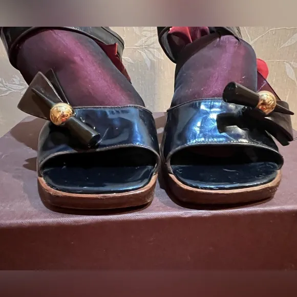 Louis Vuitton Blue Patent Elegant Sling Back Wood Heel Shoes