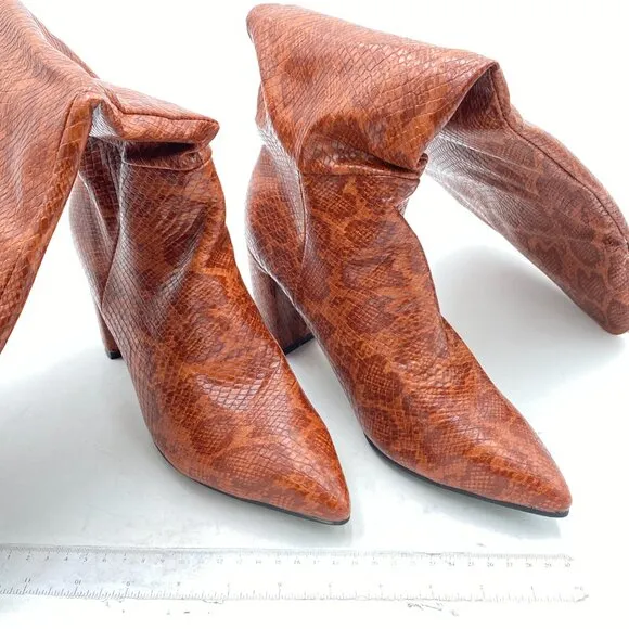 Low Chunky Pointed Toe Ankle Boots for Women with Full Bling Sparkly Brown Snake
