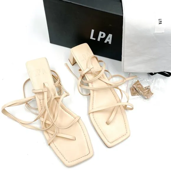 LPA Loren Block Heel Sandals Tan Leather Strappy Ankle Wrap Sz 9 Square Toe