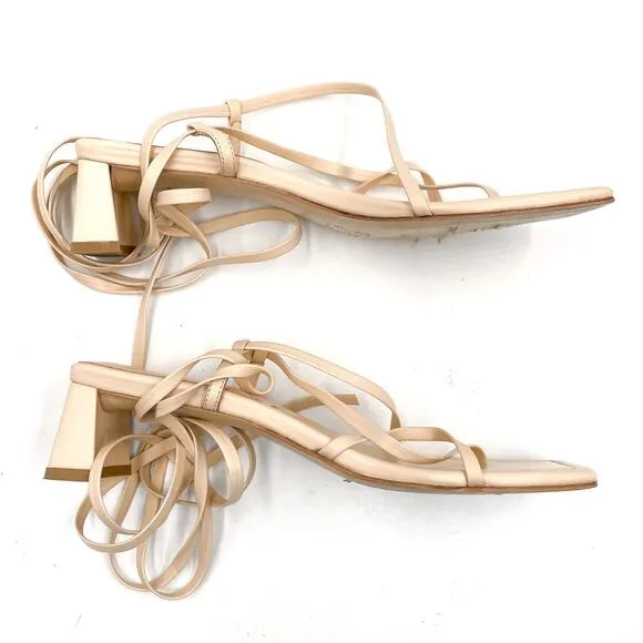 LPA Loren Block Heel Sandals Tan Leather Strappy Ankle Wrap Sz 9 Square Toe