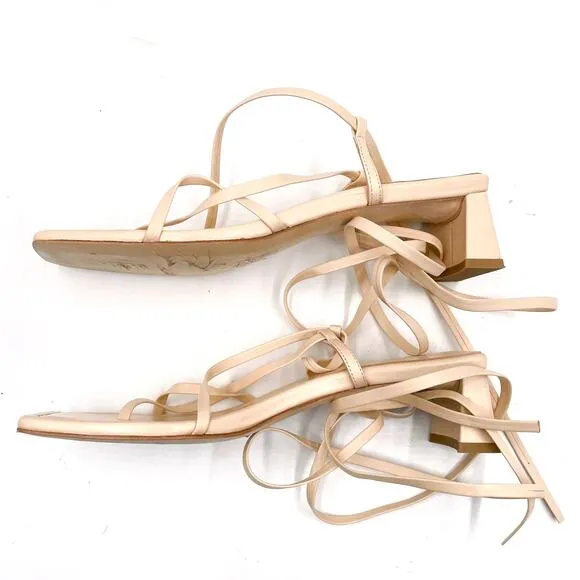 LPA Loren Block Heel Sandals Tan Leather Strappy Ankle Wrap Sz 9 Square Toe