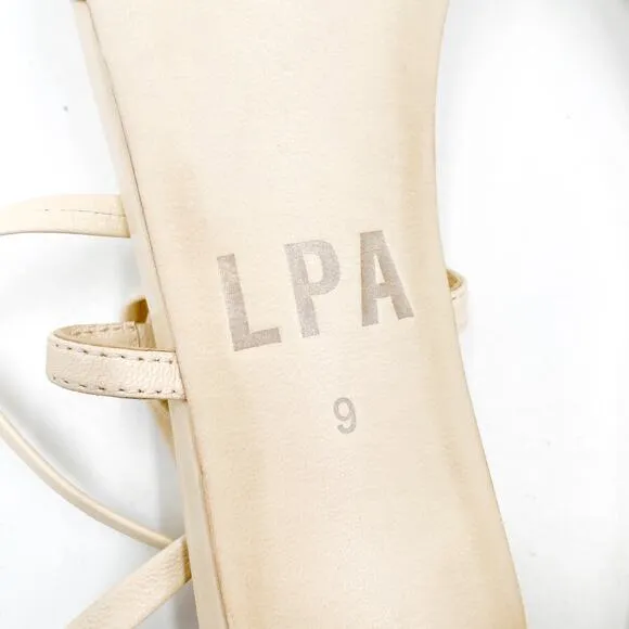 LPA Loren Block Heel Sandals Tan Leather Strappy Ankle Wrap Sz 9 Square Toe