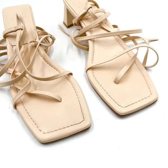 LPA Loren Block Heel Sandals Tan Leather Strappy Ankle Wrap Sz 9 Square Toe