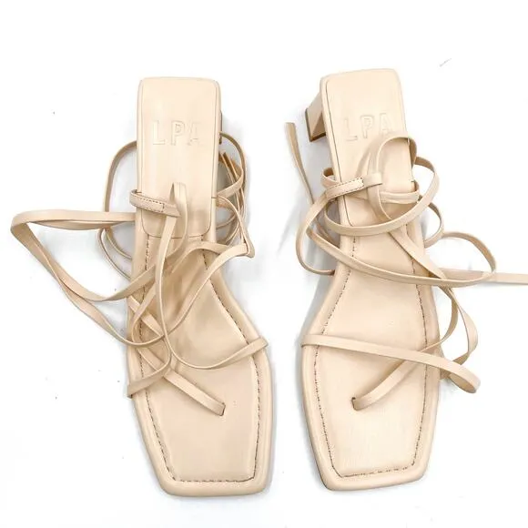 LPA Loren Block Heel Sandals Tan Leather Strappy Ankle Wrap Sz 9 Square Toe