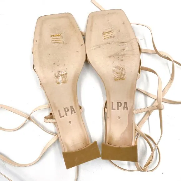 LPA Loren Block Heel Sandals Tan Leather Strappy Ankle Wrap Sz 9 Square Toe