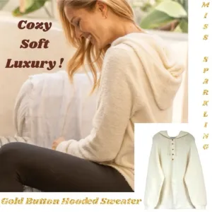 Luxury Soft Hooded Sweater Gold Quarter Button Hoodie Cream Off White Size XL