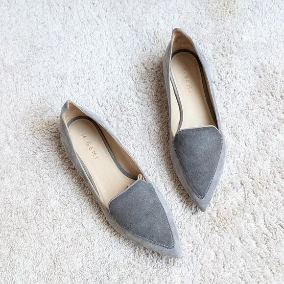 M. Gemi The Stellato Gray Suede Pony Flats Loafers Pointed Toe Shoes, size 40.5