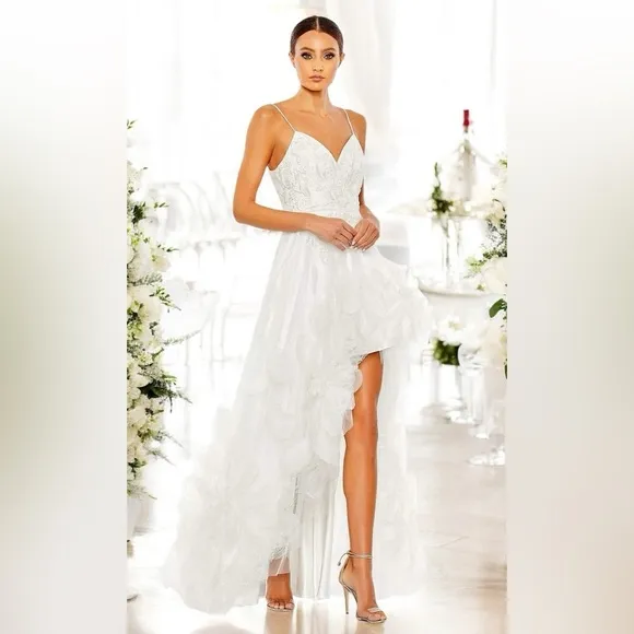 Mac Duggal White Formal Gown Size 2 Chiffon 3-D Flowers A-Line High Low Gown New