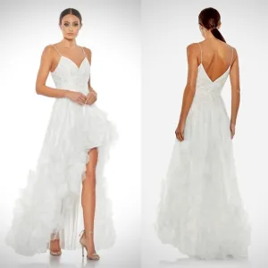 Mac Duggal White Formal Gown Size 2 Chiffon 3-D Flowers A-Line High Low Gown New