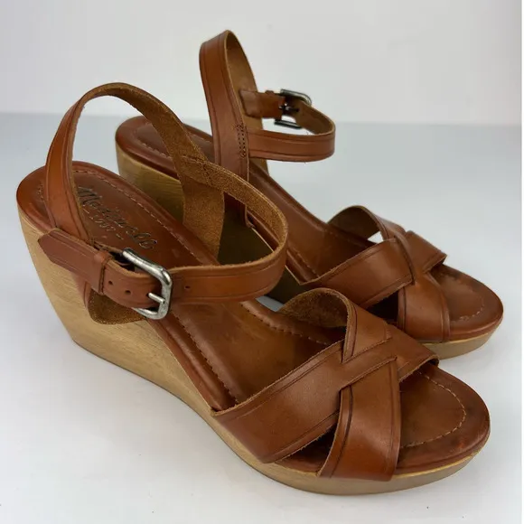 Madewell Women's 10 Wooden Wedge Wylie Sandals Distressed Leather Brown/Cognac