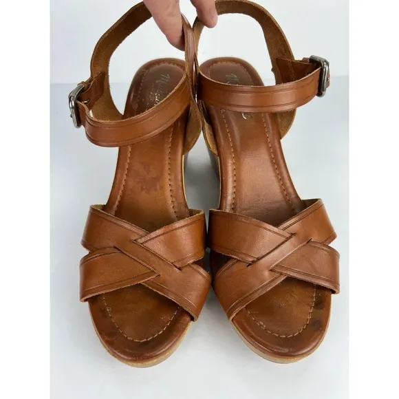 Madewell Women's 10 Wooden Wedge Wylie Sandals Distressed Leather Brown/Cognac
